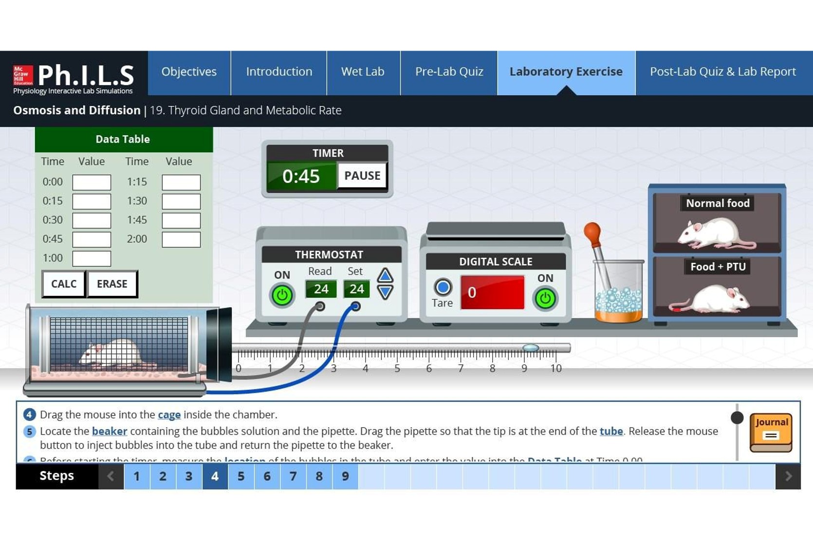 McGraw-Hill Education Ph.I.L.S. physiology lab simulation — osmosis and diffusion exercise