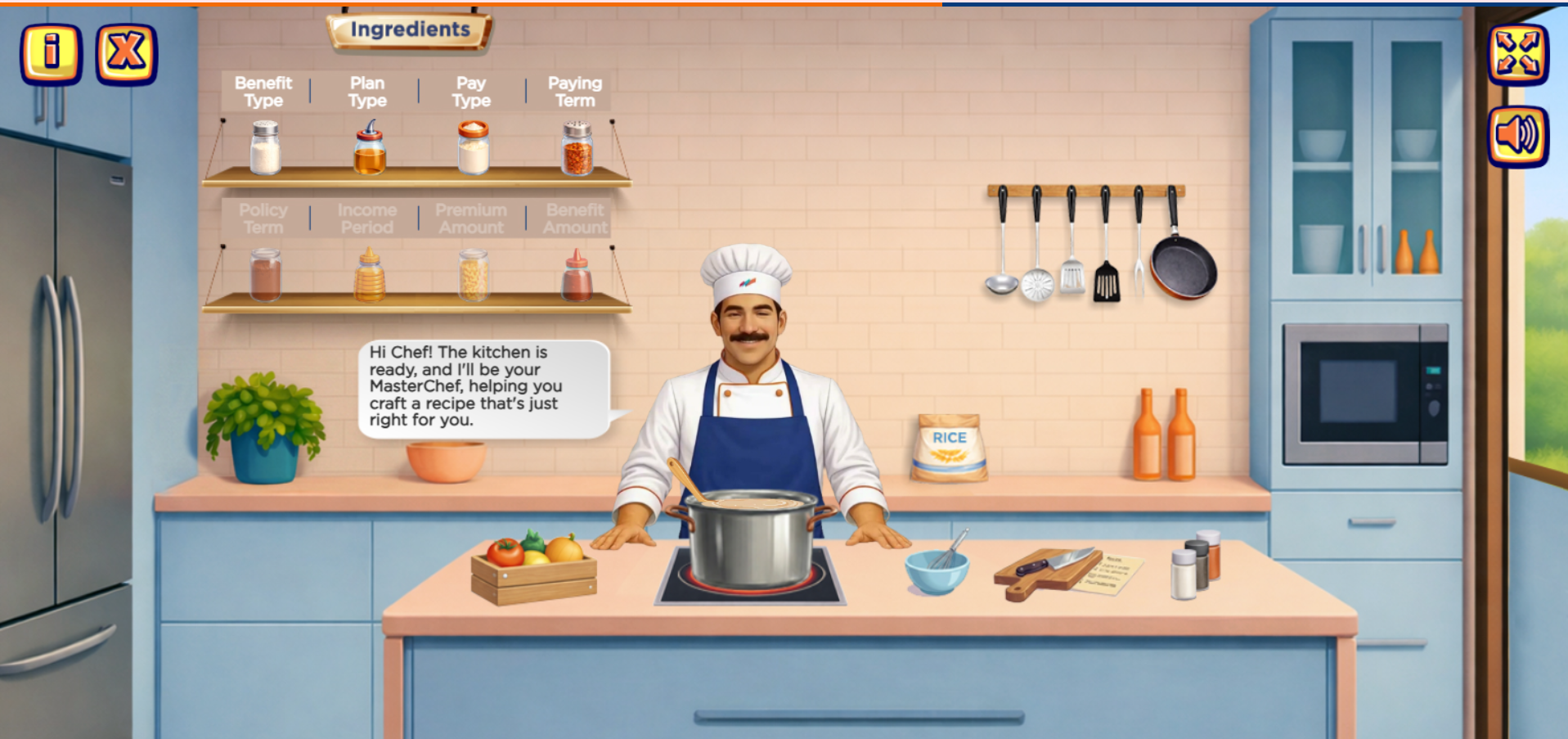 IFL Policy Kitchen game — MasterChef kitchen with ingredient shelves