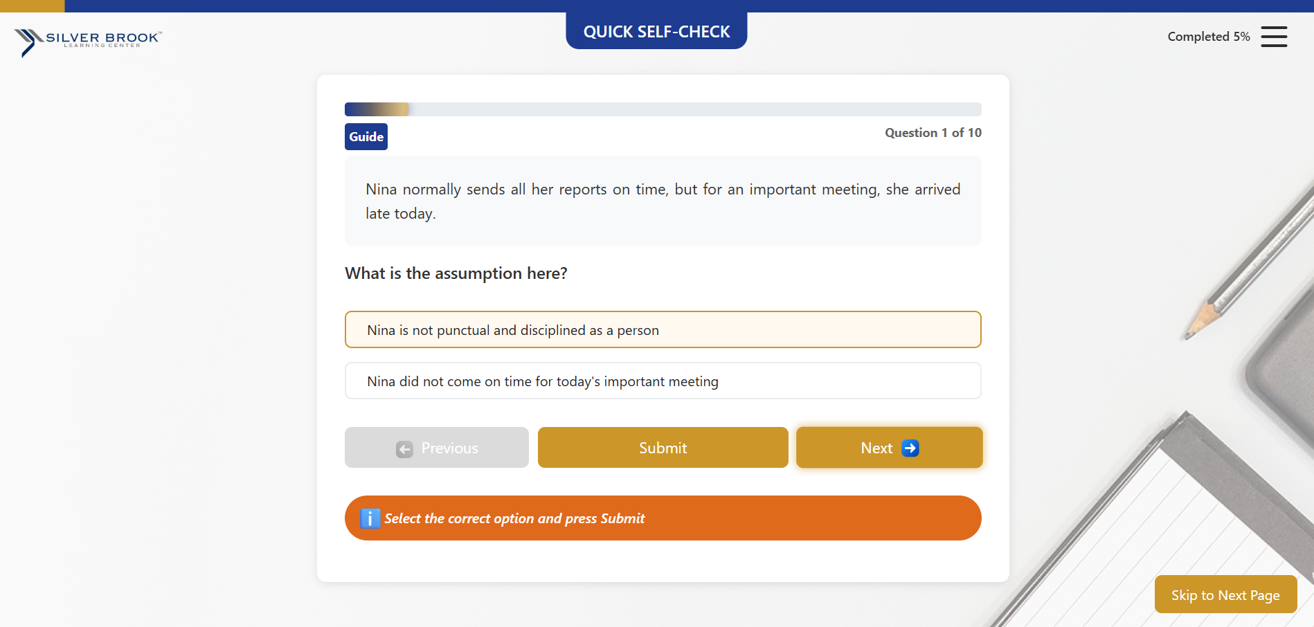 Silver Brook Learning Center critical thinking quick self-check question