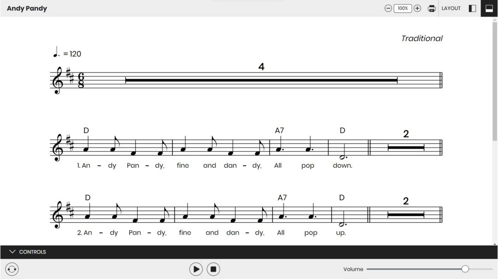 Interactive music tool showing sheet music for Andy Pandy with playback controls